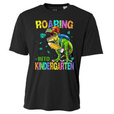 Back to School Dinosaur TRex Roaring Into Kindergarten Cooling Performance Crew T-Shirt