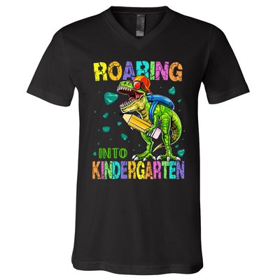 Back to School Dinosaur TRex Roaring Into Kindergarten V-Neck T-Shirt