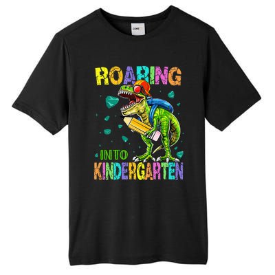 Back to School Dinosaur TRex Roaring Into Kindergarten Tall Fusion ChromaSoft Performance T-Shirt