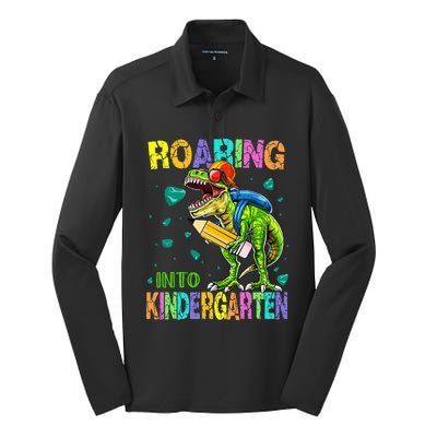 Back to School Dinosaur TRex Roaring Into Kindergarten Silk Touch Performance Long Sleeve Polo