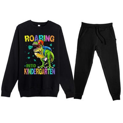 Back to School Dinosaur TRex Roaring Into Kindergarten Premium Crewneck Sweatsuit Set