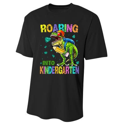 Back to School Dinosaur TRex Roaring Into Kindergarten Performance Sprint T-Shirt