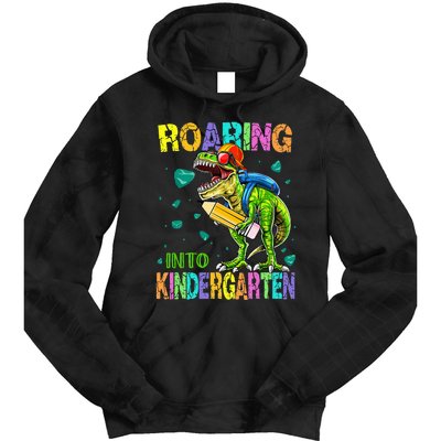 Back to School Dinosaur TRex Roaring Into Kindergarten Tie Dye Hoodie