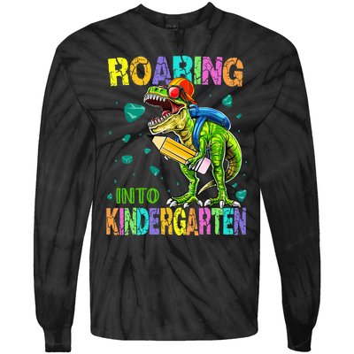 Back to School Dinosaur TRex Roaring Into Kindergarten Tie-Dye Long Sleeve Shirt