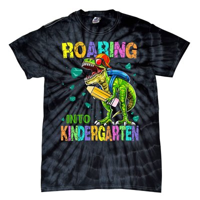 Back to School Dinosaur TRex Roaring Into Kindergarten Tie-Dye T-Shirt