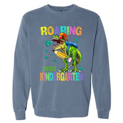 Back to School Dinosaur TRex Roaring Into Kindergarten Garment-Dyed Sweatshirt