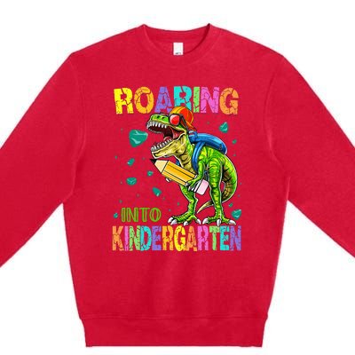 Back to School Dinosaur TRex Roaring Into Kindergarten Premium Crewneck Sweatshirt