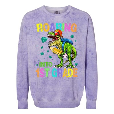 Back to School Dinosaur T Rex Roaring Into 1st Grade Colorblast Crewneck Sweatshirt