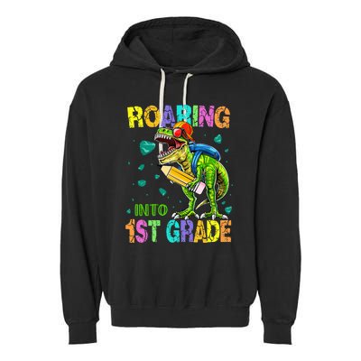 Back to School Dinosaur T Rex Roaring Into 1st Grade Garment-Dyed Fleece Hoodie