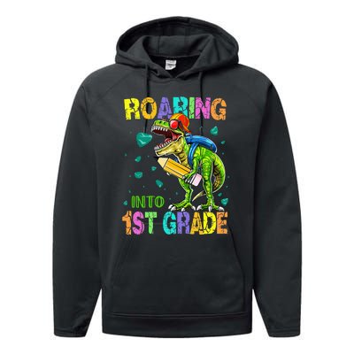 Back to School Dinosaur T Rex Roaring Into 1st Grade Performance Fleece Hoodie