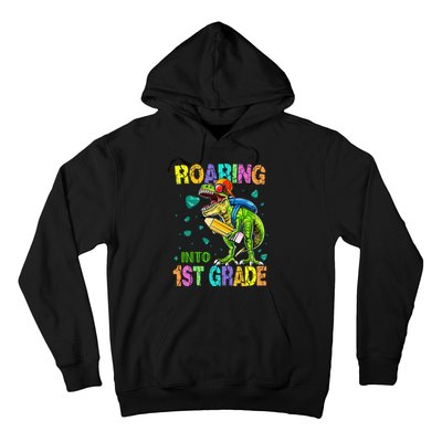 Back to School Dinosaur T Rex Roaring Into 1st Grade Hoodie