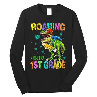 Back to School Dinosaur T Rex Roaring Into 1st Grade Long Sleeve Shirt