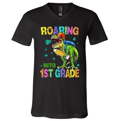 Back to School Dinosaur T Rex Roaring Into 1st Grade V-Neck T-Shirt