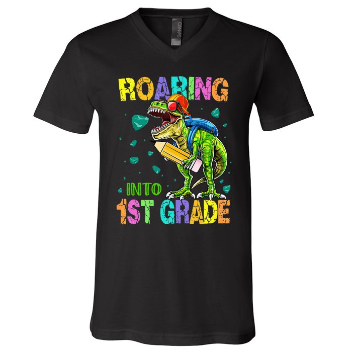 Back to School Dinosaur T Rex Roaring Into 1st Grade V-Neck T-Shirt