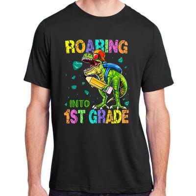 Back to School Dinosaur T Rex Roaring Into 1st Grade Adult ChromaSoft Performance T-Shirt