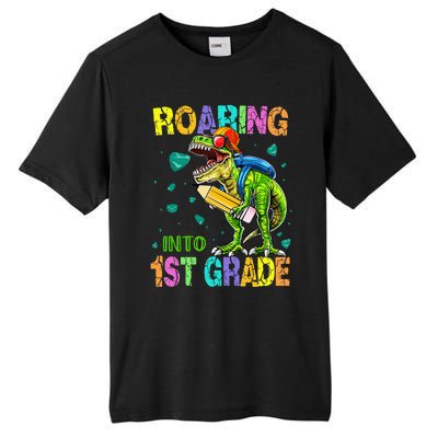 Back to School Dinosaur T Rex Roaring Into 1st Grade Tall Fusion ChromaSoft Performance T-Shirt