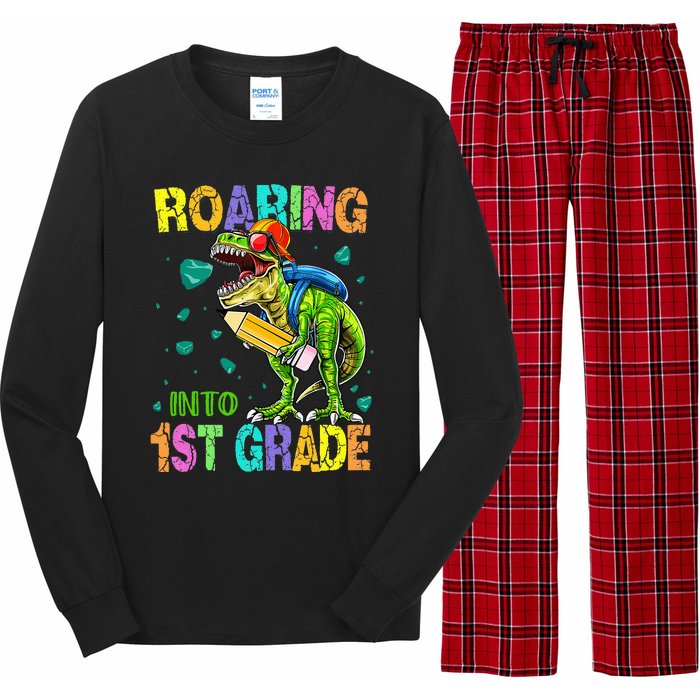 Back to School Dinosaur T Rex Roaring Into 1st Grade Long Sleeve Pajama Set