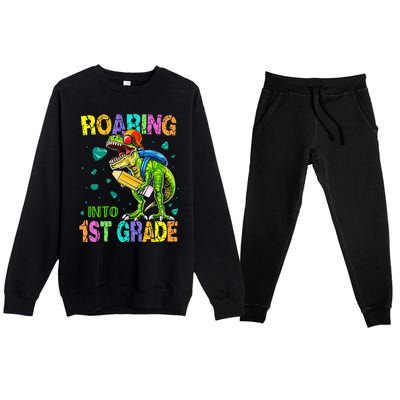 Back to School Dinosaur T Rex Roaring Into 1st Grade Premium Crewneck Sweatsuit Set