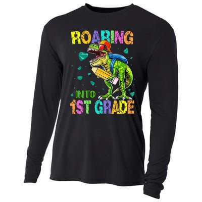 Back to School Dinosaur T Rex Roaring Into 1st Grade Cooling Performance Long Sleeve Crew