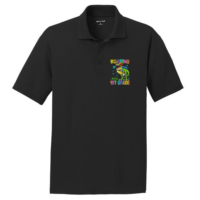 Back to School Dinosaur T Rex Roaring Into 1st Grade PosiCharge RacerMesh Polo