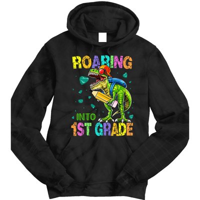 Back to School Dinosaur T Rex Roaring Into 1st Grade Tie Dye Hoodie