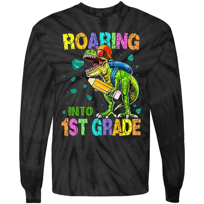 Back to School Dinosaur T Rex Roaring Into 1st Grade Tie-Dye Long Sleeve Shirt