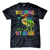 Back to School Dinosaur T Rex Roaring Into 1st Grade Tie-Dye T-Shirt