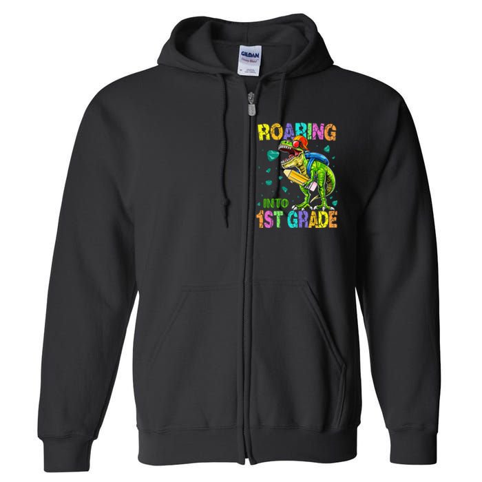 Back to School Dinosaur T Rex Roaring Into 1st Grade Full Zip Hoodie