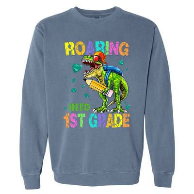 Back to School Dinosaur T Rex Roaring Into 1st Grade Garment-Dyed Sweatshirt