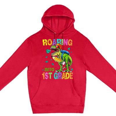 Back to School Dinosaur T Rex Roaring Into 1st Grade Premium Pullover Hoodie