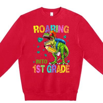 Back to School Dinosaur T Rex Roaring Into 1st Grade Premium Crewneck Sweatshirt