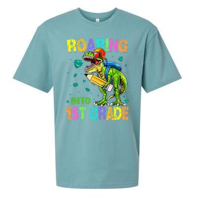 Back to School Dinosaur T Rex Roaring Into 1st Grade Sueded Cloud Jersey T-Shirt