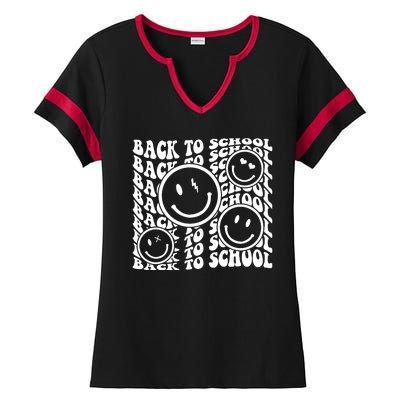 Back To School Retro Smile Face Ladies Halftime Notch Neck Tee