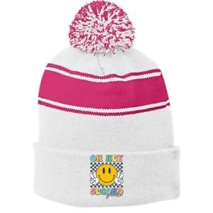 Back To School Oh Hey Second Grade Retro Teacher Student Stripe Pom Pom Beanie