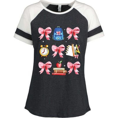 Back To School Girl Coquette Bow First Day Of School Enza Ladies Jersey Colorblock Tee