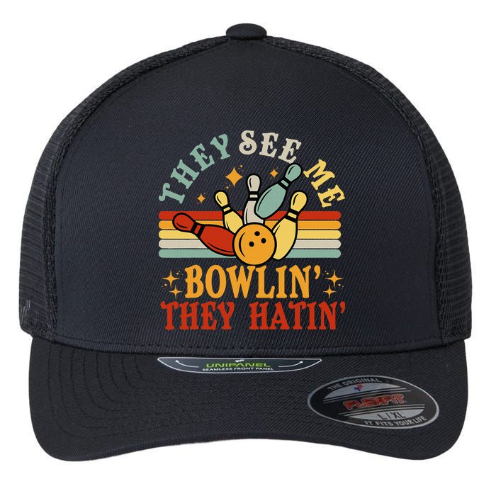 Bowling They See Me Bowling They Hatin Funny Flexfit Unipanel Trucker Cap