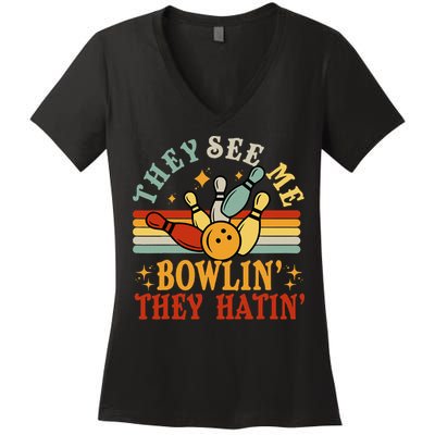 Bowling They See Me Bowling They Hatin Funny Women's V-Neck T-Shirt