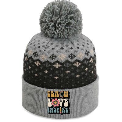 Back To School Teach Love Inspire Retro Teachers The Baniff Cuffed Pom Beanie