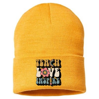 Back To School Teach Love Inspire Retro Teachers Sustainable Knit Beanie