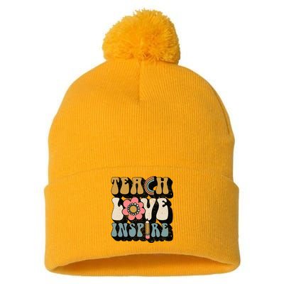 Back To School Teach Love Inspire Retro Teachers Pom Pom 12in Knit Beanie