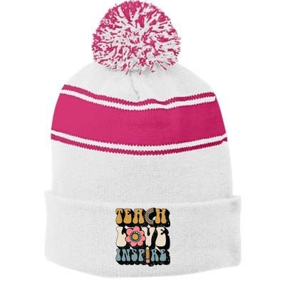 Back To School Teach Love Inspire Retro Teachers Stripe Pom Pom Beanie