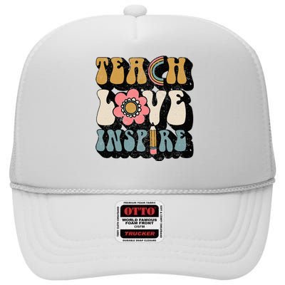 Back To School Teach Love Inspire Retro Teachers High Crown Mesh Back Trucker Hat