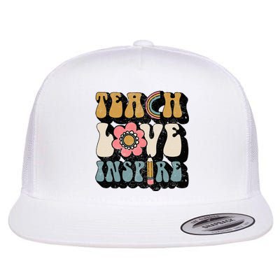 Back To School Teach Love Inspire Retro Teachers Flat Bill Trucker Hat