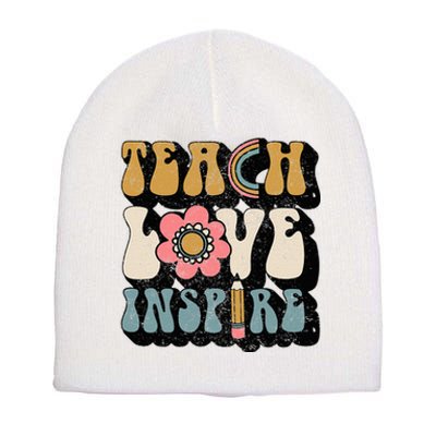 Back To School Teach Love Inspire Retro Teachers Short Acrylic Beanie