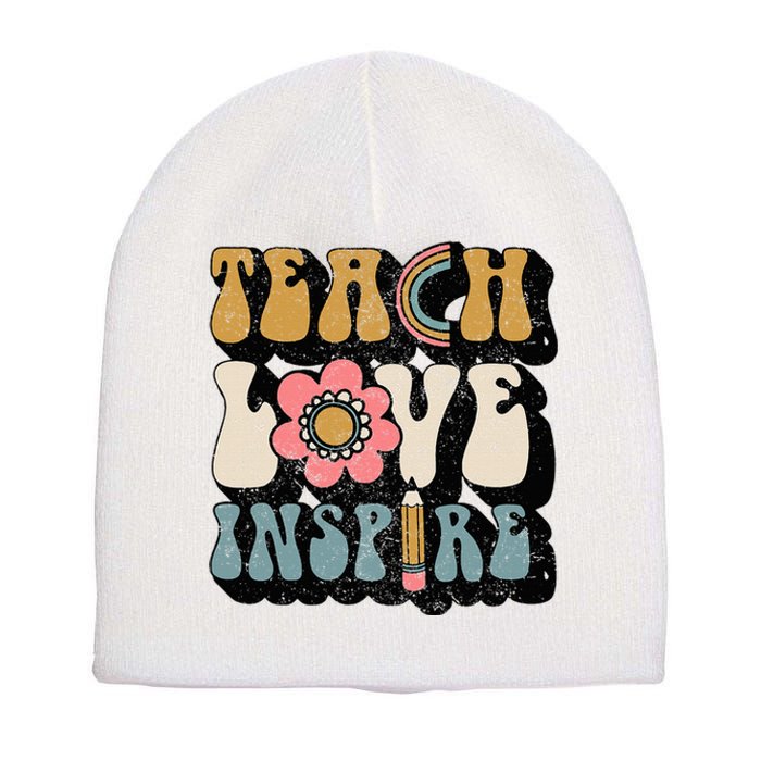 Back To School Teach Love Inspire Retro Teachers Short Acrylic Beanie