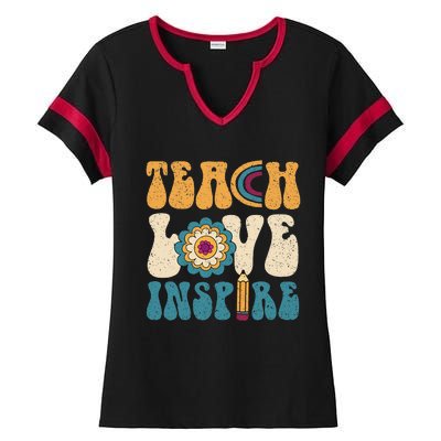 Back To School Teach Love Inspire Retro Teachers Ladies Halftime Notch Neck Tee