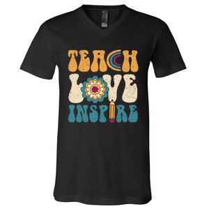 Back To School Teach Love Inspire Retro Teachers V-Neck T-Shirt