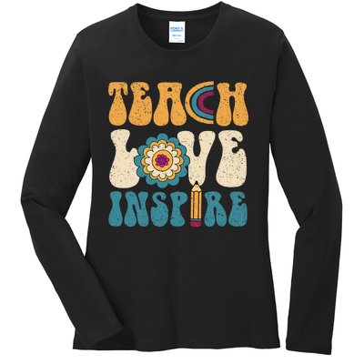 Back To School Teach Love Inspire Retro Teachers Ladies Long Sleeve Shirt