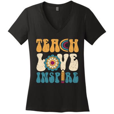 Back To School Teach Love Inspire Retro Teachers Women's V-Neck T-Shirt