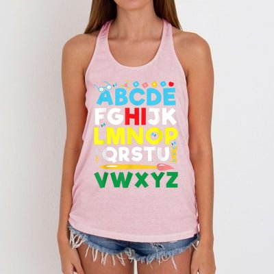 Back To School Alphabet Kindergarten Teacher Women's Knotted Racerback Tank